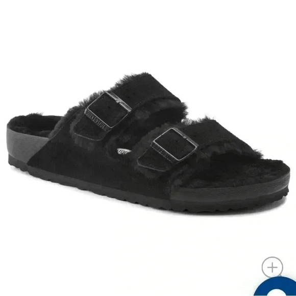 Birkenstock ARIZONA FUR Shearling BLACK Suede Slides Sandals Sz 37/ L6 M4 - Picture 1 of 9
